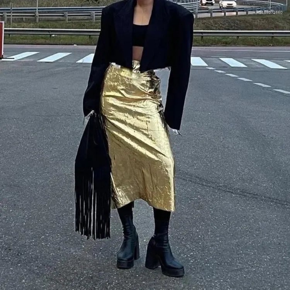MICAS Gold Metallic Crinkled High Waist Midi Pencil Skirt Size L